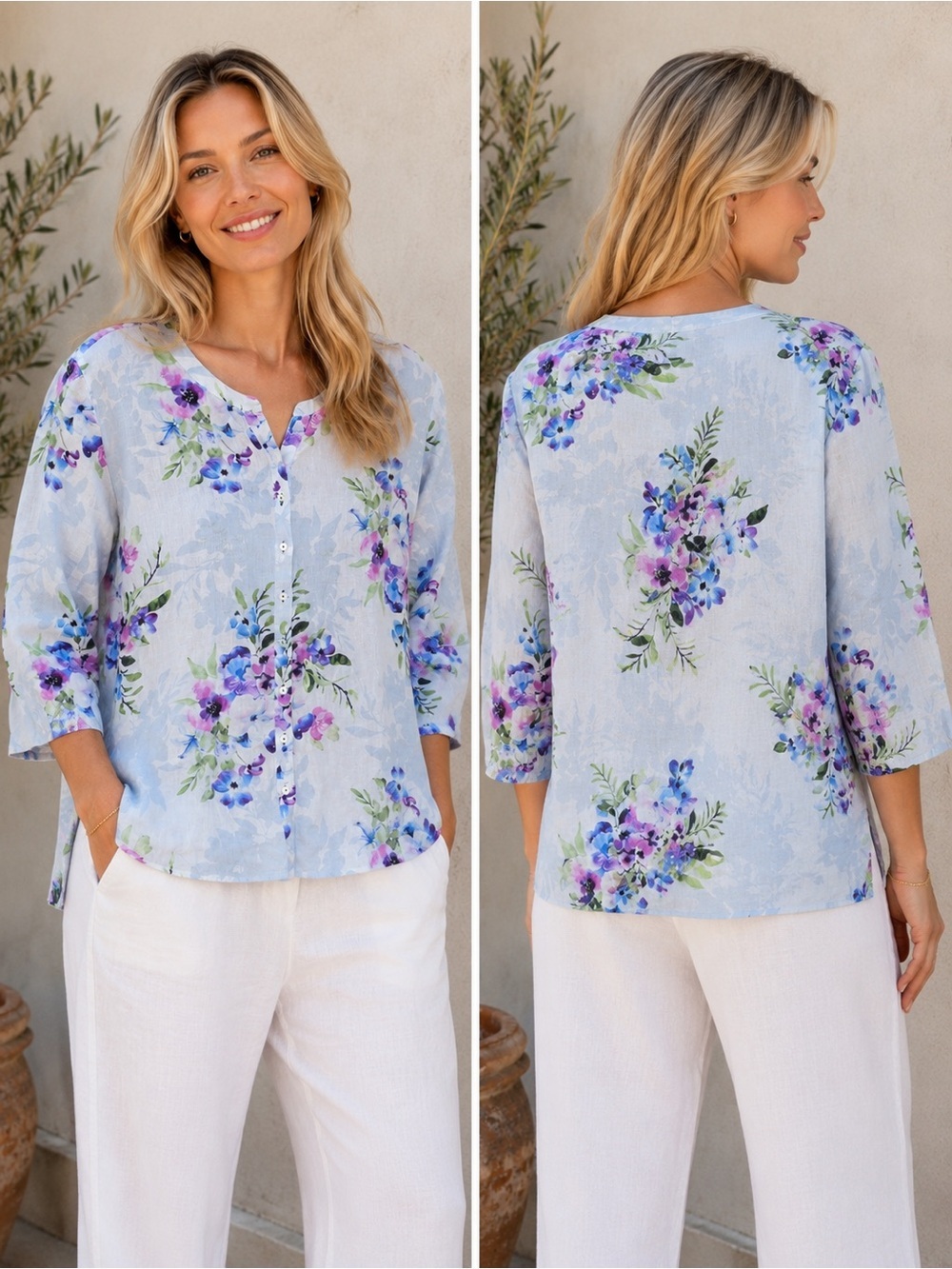 Gerry Weber Linen Floral Blouse L Shirt Relaxed Fit Slits Lightweight Blue White